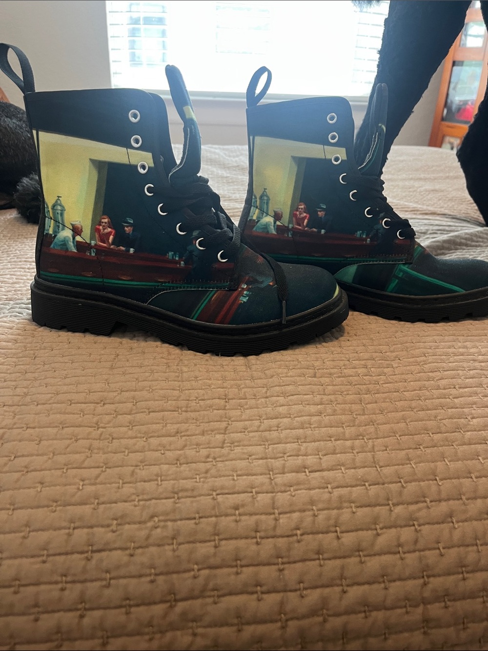 Galartsy Edward Hopper Combat Boots with Nighthawks Noir Diner Print